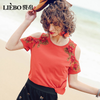 裂帛立体刺绣时髦露肩短袖T恤夏装新款浪漫简约圆领上衣