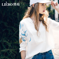 裂帛夏季新款刺绣花v领长袖上衣宽松装白色衬衣雪纺白衬衫