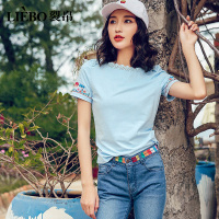 裂帛夏新款蕾丝拼接性感一字领上衣刺绣甜美风T恤短袖