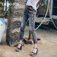 裂帛夏装新款松紧腰唯美刺绣插袋显瘦休闲复古风九分牛仔裤