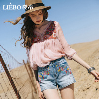 裂帛夏装新款花朵刺绣口袋水洗磨白学生牛仔热裤直筒短裤子