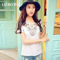 裂帛夏新款纯棉短袖T恤白色绣花镂空修身显瘦半袖T恤上衣装