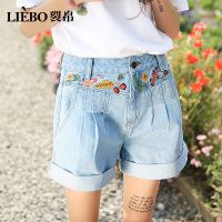 裂帛夏装新款刺绣捏热裤折边水洗直筒显瘦百搭牛仔短裤子