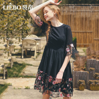 裂帛夏装新款圆领喇叭袖A字雪纺裙高腰刺绣连衣裙51180178