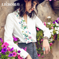 裂帛衬衫夏新款文艺小清新刺绣贝壳扣长袖飘逸雪纺衬衣