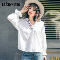 裂帛夏装新款刺绣上衣V口小立领后系带长袖雪纺衫51172057