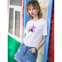 裂帛夏季新款圆领两面翻时尚亮片上衣百搭宽松纯棉短袖T恤