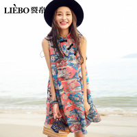 裂帛夏季新款复古盘扣无袖雪纺短裙子碎花a字宽松装连衣裙