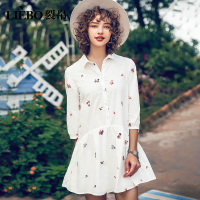 裂帛夏新款清新白色学院风刺绣碎花收腰A字polo衬衫连衣裙