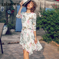裂帛连衣裙夏装新款气质圆领中袖雪纺裙松紧腰显瘦印花长裙