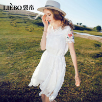 裂帛夏新款气质V领蕾丝拼接雪纺裙子刺绣短袖学院风连衣裙