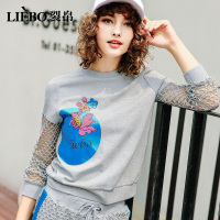 裂帛夏装新款圆领网料拼接套头衫个性印花休闲卫衣