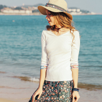 裂帛夏装新款小清新V领简约绣花修身温柔针织百搭七分袖T恤