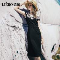 裂帛黑色复古风连衣裙装夏新款pphome裙子露肩收腰修身长裙