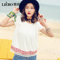 裂帛夏季新款甜美圆领刺绣花边宽松装纯棉白色上衣短袖T恤
