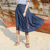 裂帛牛仔裙新款气质民族风荷叶边松紧腰刺绣牛仔半身裙