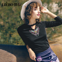 裂帛刺绣V口圆领T恤春装新款蝴蝶衫直筒型针织黑色长袖上衣