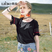 裂帛圆领露肩流苏短袖针织T恤夏装新款套头衫刺绣黑色上衣