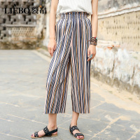 裂帛夏季新款显瘦压褶阔腿宽松装薄裤子九分条纹雪纺休闲裤