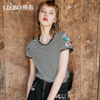 裂帛夏季新款条纹短袖T恤酷 潮学生原宿个性刺绣蕾丝装上衣