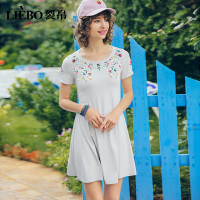裂帛夏新款圆领刺绣小清新文艺小个子高腰A摆针织连衣裙