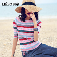 裂帛夏新款心机气质船领间色条纹衫直筒中袖百搭显瘦针织衫