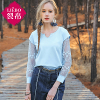 裂帛夏新款气质淑圆领刺绣层次七分袖透视时尚T恤51180181