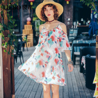 裂帛夏新款沙滩度假风吊带喇叭袖印花露背A字雪纺连衣裙少