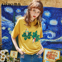 裂帛夏新款短袖圆领针织上衣贴布刺绣休闲宽松纯棉T恤