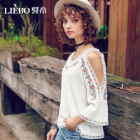 裂帛夏装新款唯美文艺花边V领刺绣露肩雪纺中袖衬衫51172759