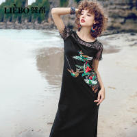 裂帛夏装新款性感大气裙子圆领蕾丝气质拼接印花短袖连衣裙