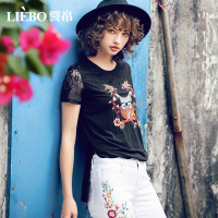 裂帛夏装新款文艺气质圆领蕾丝拼接刺绣开衩黑色短袖T恤