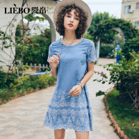 裂帛夏装新款时尚圆领个性绣花显瘦大气波浪短袖牛仔连衣裙