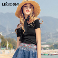 裂帛夏装新款时髦复古露肩一字领上衣修身字母刺绣短袖T恤