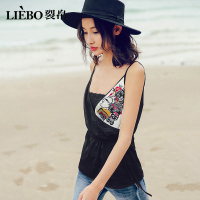 裂帛夏装新款气质打底刺绣拼色外穿小清新背心抽绳清凉吊带