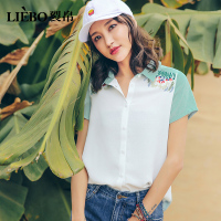 裂帛夏装新款清新文艺翻领开襟刺绣拼色短袖雪纺衬衫夏