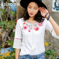 裂帛夏装新款清新民族风圆领V字开口系绳刺绣中袖文艺T恤