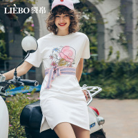 裂帛夏装新款甜美圆领刺绣腰带装饰短袖开叉小清新连衣裙