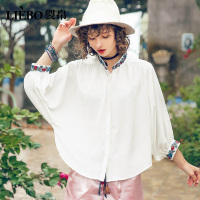 裂帛夏装新款立领刺绣蝙蝠袖衬衣韩版宽松时尚衬衫夏