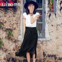 裂帛夏装新款简约圆领刺绣时尚松紧腰拼接雪纺短袖连衣裙