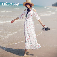 裂帛夏连衣裙新款仙显瘦度假风圆领拉链露肩印花雪纺长裙