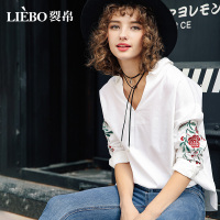 裂帛春季新款刺绣花v领纯棉上衣宽松装翻领衬衣长袖衬衫夏