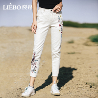 裂帛春装新款中腰民族刺绣白色九分裤子学生刺绣直筒牛仔裤