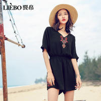 裂帛短裤夏新款复古风文艺刺绣连体裤V领中袖雪纺裤休闲裤