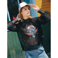 裂帛秋冬新款街头风高领时尚印花刺绣插肩长袖透视蕾丝衫