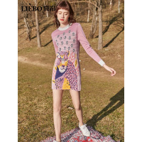 裂帛秋季新款圆领动物提花气质少长袖士中长款针织连衣裙