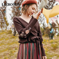 裂帛秋冬新款和服V领精工刺绣舒适蝙蝠型温柔优雅长袖毛衣