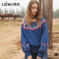 裂帛秋季新款圆领刺绣宽松灯笼袖文艺学生慵懒风士套头卫衣