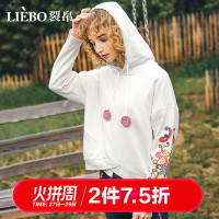 裂帛刺绣套头长袖卫衣冬季新款连帽抽绳前短后长宽松上衣