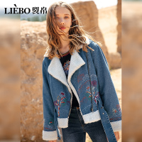 裂帛秋冬新款随性翻领精工刺绣羊羔毛里休闲百搭款牛仔棉服